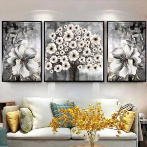تابلو 3 تکه گل های بهاری طرح نقره ای کد d1292